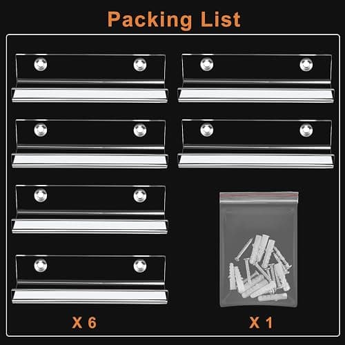 Jansburg 6 Pack Clear Vinyl Record Shelf Wall Mount Acrylic Album Display Holder Storage Hanger CD Floating Shelf for Home Office, 4 Inch thumbnail 7