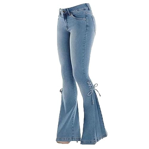 Women's Plus Size Bell Bottom Jeans Stretchy High Waisted Lace Up Flare Denim Pants Juniors Skinny Trouser - Image 1