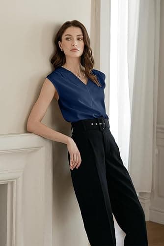 EVALESS Womens Pleated Tank Tops V Neck Casual Sleeveless Blouses Summer Basic Vest Shirt thumbnail 4