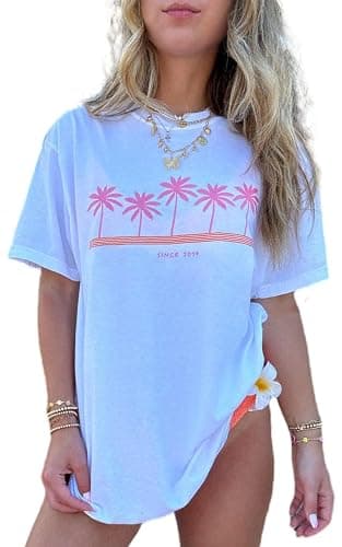 Vintage Oversized Flower Graphic Tees Cute Surfboard Palm Baggy T-Shirts Summer Preppy Beach Tops Teen Girls Clothes - Image 1
