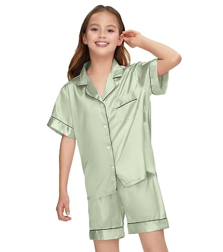 ALHAVONE Kids Silk Pajamas Girls Satin Pajama Set Button Down Pjs Set 5-12Y | Button-down top with pocket, elastic waist bottoms. 3 accessories. Ideal for sleep, birthday, spa party, Christmas, gifting thumbnail 3