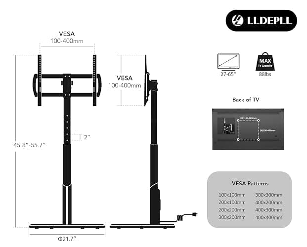 LLDEPLL Floor Mobile TV Stand with Power Outlet, Rolling TV Cart for 27-65 Inch OLED LED Monitors, 6 Levels of Height Adjustment, Ambient Lighting on The Bottom Wheels Holds up to 88lbs, 400x400mm thumbnail 8