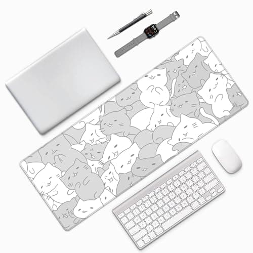 White Kawaii Cats E-Sport Mouse Pad Large Desk Mat Non-Slip Rubber Base Stitched Edge Keyboard Mouse Pad for Office Home E-Sport Computer Laptop, 31.5×11.8 Inches thumbnail 9