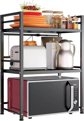 DOLALIKE Expandable Microwave Rack, Countertop Kitchen Utensils Tableware Storage, Carbon Steel 3 Tier Shelf with 3 Hooks - Image 1