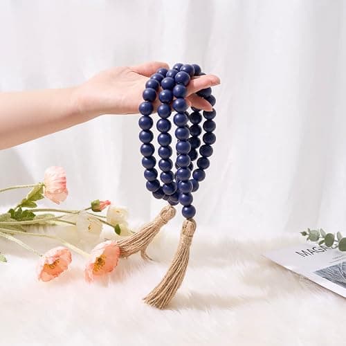 OMISHE 59in Wood Bead Garland with Tassels, Decorative Beads, Farmhouse Wooden Beads Garland for Wall Hanging Home Festival Decor, Navy Blue thumbnail 3
