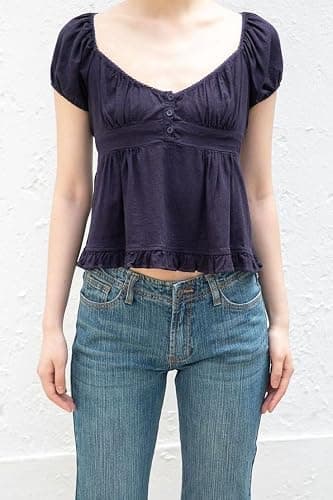 Women Y2k Gingham Top Lace Trim Scoop Neck Short Sleeve Tees Ruffle Hem Aesthetic Shirt Coquette Clothes thumbnail 2