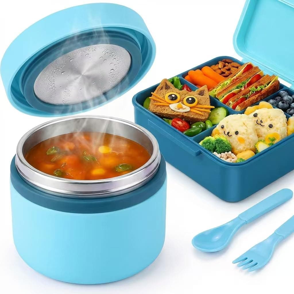 Kids Lunch Box - Insulated Bento Box with Stainless Steel Thermos & Leak-Proof Containers for School, Travel, and Outdoor | 300ml Food Jar & Square Container (Blue) thumbnail 5