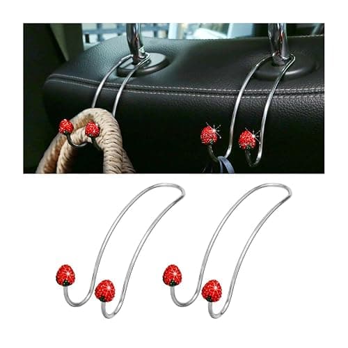 BESULEN Strawberry Car Decor Hooks, 2 Pack Bling Diamond Seat Back Organizers, Auto Headrest Storage Hangers Hooks for Purse Handbag Clothes Grocery, Universal Car Accessories for Women (Red) thumbnail 2