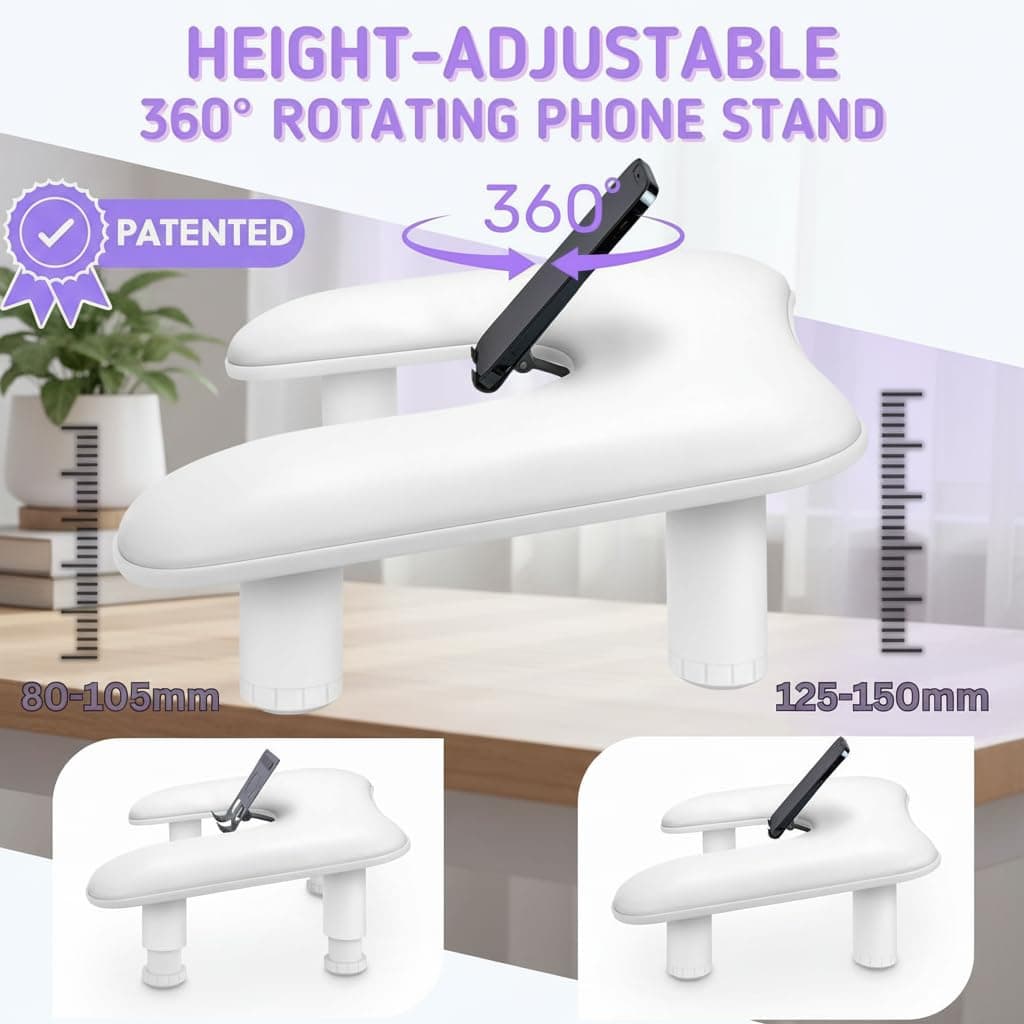 Manicure Arm Rest for Nail Techs: U Shaped Manicure Arm Rest with 360° Rotating Phone Holder - Big Arm Rest for Nail Techs - Detachable Manicure Hand Pillow for Salon or Home Use (White) thumbnail 2