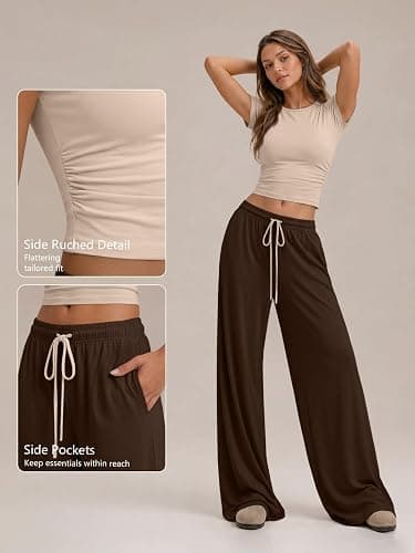 Trendy Queen Women's 2 Piece Matching Summer Lounge Set with Pockets | Vacation Airport Travel Outfits, Workout Gym Clothing Comfy Athleisure Clothes, Side-ruched Top, Drawstring Wide Leg Pants thumbnail 5
