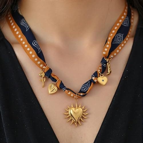 Klyxosh Scarf Necklace with Charm, Bandana Necklace with Gold Dainty Pendants - Chunky Cross, Heart, Flower, Conch, Boot, Cowboy Hat, Boho Beach Vintage Scarf Necklaces, Stylish Jewelry Gift thumbnail 3