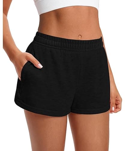 Womens Sweat Shorts Casual Comfy Summer Elastic High Waist Cotton Lounge Shorts with Pockets - Small - Black