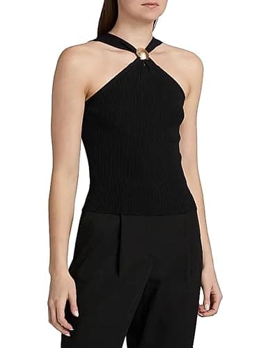 APAFES Womens Criss Cross Halter Sweater Vest Metal Gold Summer Sleeveless Knit Crop Tank Tops thumbnail 2