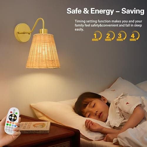Rattan Battery Operated Wall Sconces set of Two,Rechargeable Wall Sconces with 5000mAh Dimmable Bulb and Remote,LED 12 Colors Boho Wall Lighting with Remort for Bedroom Living Room Hallway Wall Decor thumbnail 5