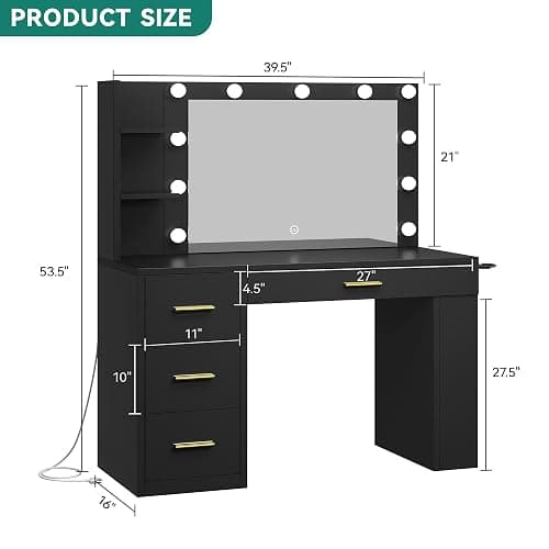 YITAHOME Vanity Desk with Mirror & Lights, Makeup Vanity Table Set with Power Outlet, 4 Drawers, 6 Open Shelves Above and 3 Adjustable Shelves Below, 3 Lighting Modes Dressing Table Black thumbnail 2