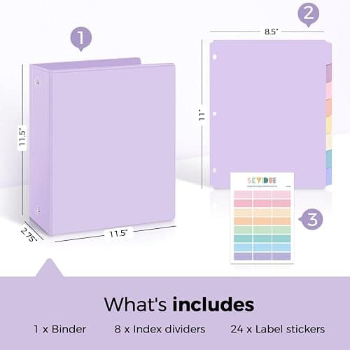 SKYDUE 2 Inch 3 Ring Binder with 8 Tab Dividers & 24 Labels, Large Capacity Pastel Binder Organizer for Letter Size Paper, Aesthetic School Binder for Documents, Office & Home Organization, Purple thumbnail 2