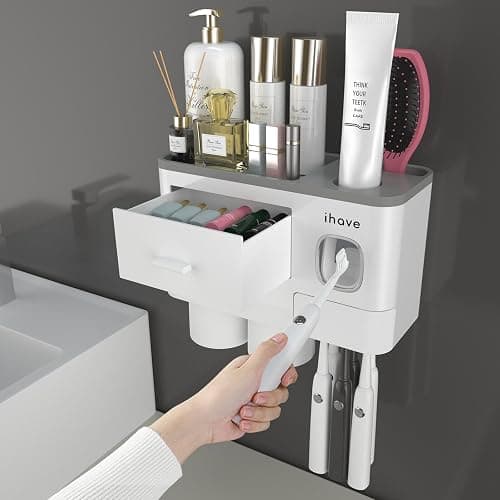 iHave Toothbrush Holders for Bathrooms, 2 Cups Toothbrush Holder Wall Mounted with Toothpaste Dispenser - Large Capacity Tray, Cosmetic Drawer - Bathroom Decor & Bathroom Accessories - 2 cup - White - Image 1