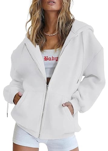 PRETTYGARDEN Women's Zip Up Y2K Hoodies Casual Long Sleeve Track Jackets with Pockets - Large - White - Image 1