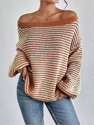 Women's Oversized Striped Sweater Casual Off The Shoulder Sweater Fall Long Sleeve Loose Knit Pullover Jumper Tops thumbnail 3