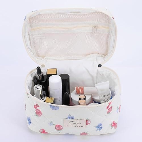 Quilted Makeup Bag Set 3 Pcs Cute Strawberry Makeup Bags For Women Large Aesthetic Floral Cosmetic Bag Coquette Cotton Makeup Pouch thumbnail 5