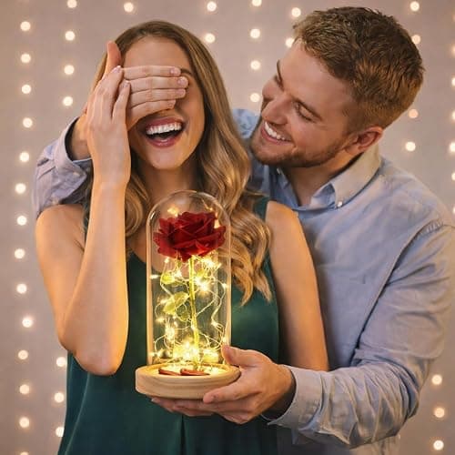 Eternal Red Rose in Glass Dome with LED Lights – Light Up Artificial Rose Décor – Romantic Gift for Women with Gift Box for Anniversary, Birthday, Valentine’s Day, or Holiday Season thumbnail 2