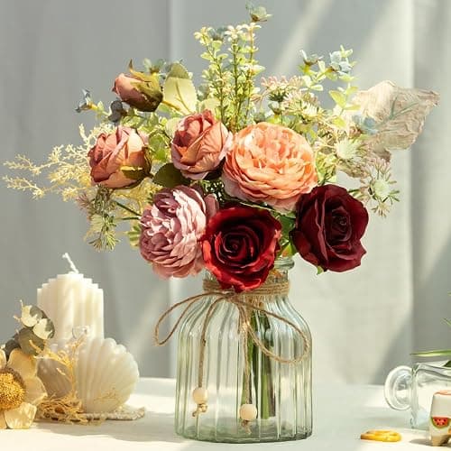 LESING Fake Artificial Flowers with Vase Faux Silk Flower Bouquet in Glass Vase Rose Floral Arrangements Flower for Home Office Decoration, Dining Table Centerpiece (Red) - Image 1