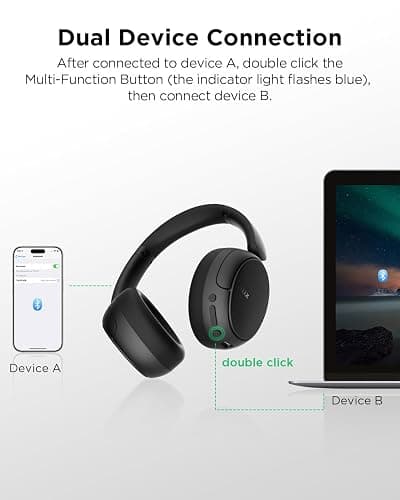 TALIX H30 Hybrid Active Noise Cancelling Headphones, 110H Playtime Hi-Res Audio Bluetooth 6.0 Wireless Over Ear ANC Headphones for Commute/Travel (Black) thumbnail 8