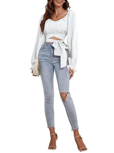 Rooscier Women's Ruched Wrap Square Neck Flounce Long Sleeve Self Tie Crop Top Blouse thumbnail 4