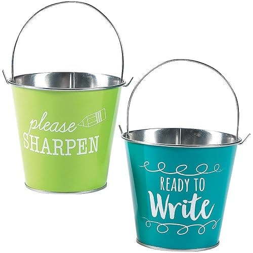 Fun Express Sharp & Dull Pencil Holder, 2 Pack Metal Pail Set | Classroom Organization and Storage, Pencil Dispenser, Elementary School Teacher Desk Accessories, Teacher Must Haves - Image 1
