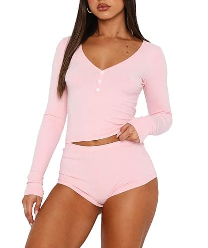 REVETRO Fall Womens 2 Piece Pajama Sets Sexy PJ Shorts Y2k V Neck Long Sleeve Lounge Set Sleepwear with Button Down - Image 1
