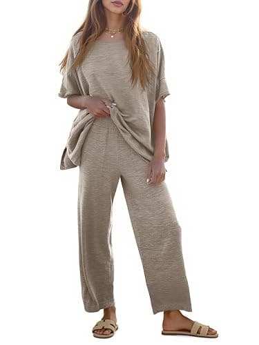 Tankaneo Women's 2 Piece Travel Outfits Casual Short Sleeve Knit Sweater Set Wide Leg Pants Lounge Sets Tracksuit - Image 1
