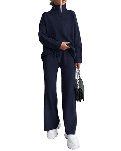 dowerme Women Fall 2 Piece Outfits 2025 Winter High Neck Sweater Sets Drawstring Wide Leg Pant Chunky Knit Lounge Set - Image 1