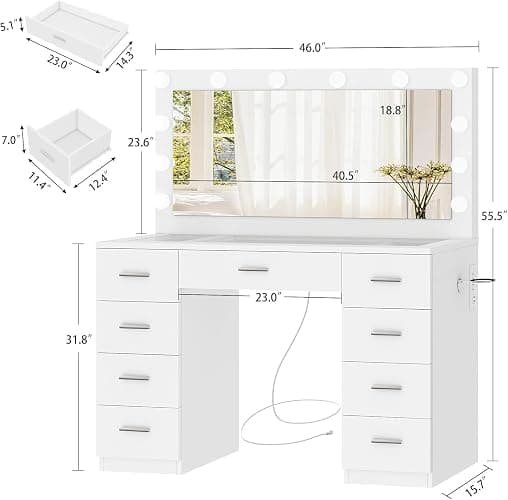 FIONESO Vanity Desk with Glass Top & Lights Mirror, 3 Adjustable Lighting Color, 46" Makeup Vanity with 9 Drawers and 12 LED Lights, Dressing Table for Bedroom, Vanity for Girls, White thumbnail 2