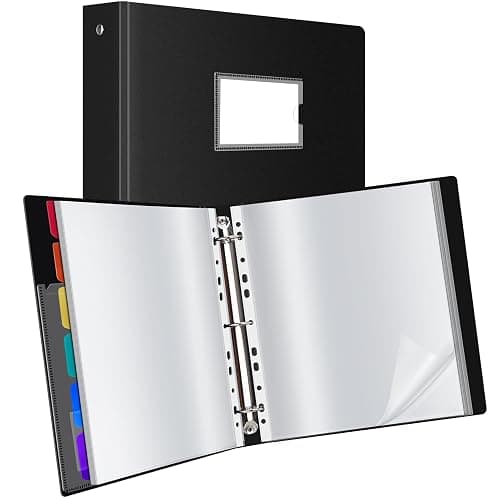 Uquelic Presentation Ring Binder, A4 Display Folder with 50 Punched Pockets and 6 Colorful PP Divider Pages, Folder File Plastic Sleeves for Documents, Certificates, Receipts, Black - Image 1