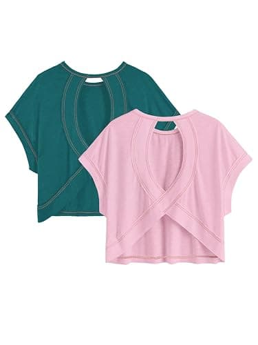 RoseSeek Women's 2 Packs Open Back Tops Crewneck Short Sleeve Backless Tee | Cut Out, Criss Cross, Summer Casual T Shirt - Image 1
