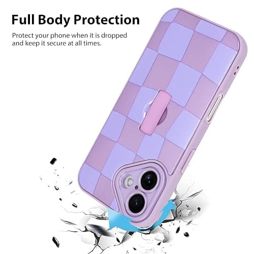 KANGHAR Compatible with iPhone 16 Case Checkered -Purple | Silicone Cute Pattern, Wristband Kickstand Camera Protection Soft Slim Cover for Girls Women thumbnail 2