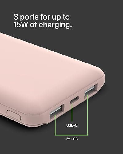Belkin 10000mAh portable power bank, 10K USB-C portable charger with 1 USB-C port and 2 USB-A ports, battery pack for up to 15W charging for iPhone, Samsung Galaxy, AirPods, iPad, and more - Rose Gold thumbnail 7