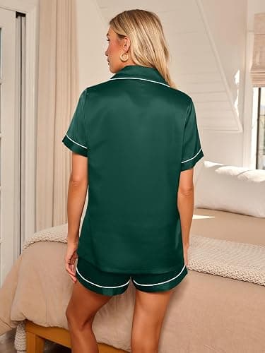 LILLUSORY Silk Satin Pajama Set for Women 2 Piece Lounge Pjs Shorts Matching Summer Sleepwear Button Down Shirt Shorts thumbnail 4