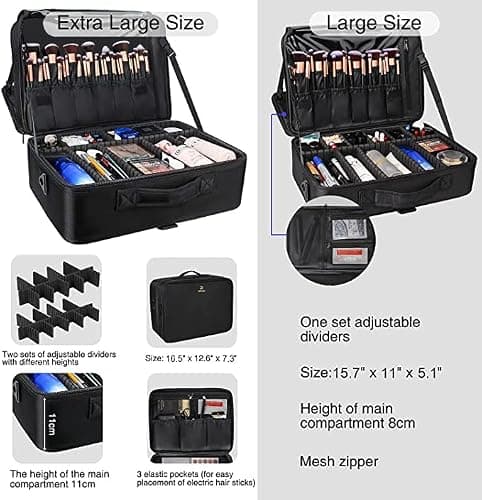 Relavel Extra Large Makeup Case, Professional Makeup Artist Bag Double Layer Compartment Cosmetic Travel Organizer Bag Makeup Brush Storage Holder with Adjustable Dividers and Shoulder Strap, Black thumbnail 7