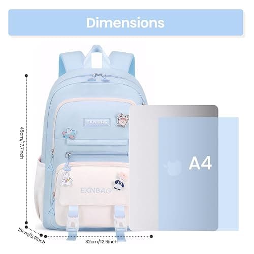Tanou School Backpacks for Girls, 20 Liters Kawaii Girls School Bag with Pendant, Lightweight Nylon Childrens Backpack for Primary Junior School, Blue thumbnail 2