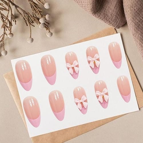24pcs French Tip Press on Nails Short Almond Fake Nails with Charm Designs Cute Bow False Nails Full Cover Glue on Nails Pink French Tip Artificial Nails for Women Girl Nail Decoration thumbnail 3