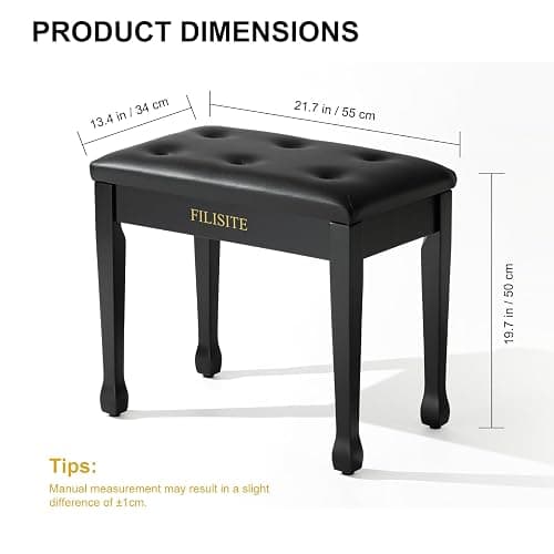 FILISITE Wooden Piano Bench with Storage, Piano Stool with Waterproof Padded Cushion, Bench Seat for Vanity, Living Room, Bedroom (Black) thumbnail 3