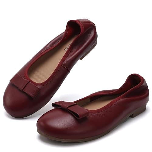 CAUTTILAM Women's Wide Toe Box Leather Ballet Flats, Genuine Leather Dress Shoes with Arch Support, Comfortable Round Toe Slip On Office Walking Shoes for Ladies - Image 1