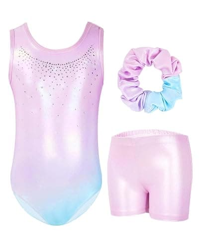 Gogokids Girls' Three-Piece Gymnastics Set, Sleeveless Leotards with Shorts and Hairband, Sparkling Ballet Dancing Unitards - Gymnastics Outfit with Gradient Color Design for 3-12 Years - Image 1