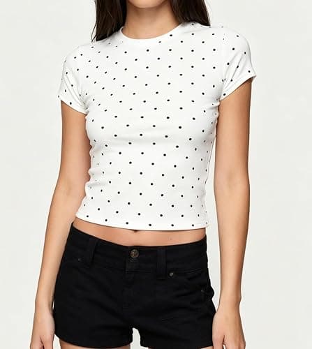 Women Cute Polka Dot Top Y2K Short Sleeve Crew Neck Fitted Baby Tees Shirts | Polka Dot T Shirts Going Out Blouse Top Layered Underscrubs Undershirt Teen Girls Vintage Aesthetic Whimsy Clothes Streetwear thumbnail 5