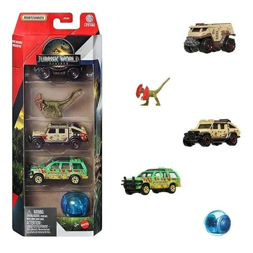 Jurassic World Matchbox Dinosaur Vehicle Collection, Die-Cast Cars and Figures 5 Packs, Bundle of 4, 20 Vehicles, JGL60-956B thumbnail 8