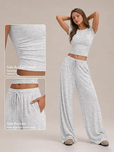 Trendy Queen 2 Piece Matching Summer Lounge Set Womens Side Ruching Top Wide Leg Pants Sets with Pockets thumbnail 5