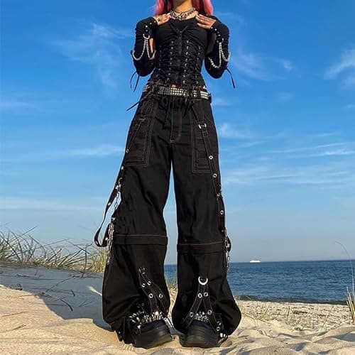 Kodaruber Women Vintage Goth Hip Hop Jeans Punk High Waisted Baggy Bootcut Jeans Strap Chain Striped Wide Leg Denim Pants thumbnail 2