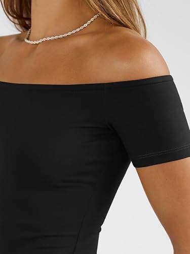 Trendy Queen Summer Off The Shoulder Tops for Women Going Out Short Sleeve Shirts Cute Y2K Sexy Basic Clothes 2026 Fashion thumbnail 5