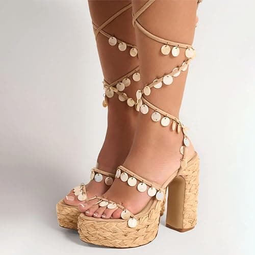 FYS Women's Strappy Platform Sandals Shell Embellishemnt Shoes | Chunky Block High Heels Lace Up Shell Decorated Ankle Strap Dress Shoes for Summer Vacation Resort Wear thumbnail 4